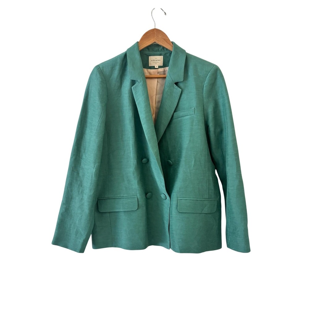 Sezane Linen Blend Blazer Jacket Womens 42/10 Green Career Office Classic French